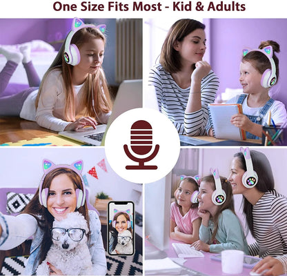 Kids Headphones, Cat Ear Wireless Headphones, LED Light up Kids Bluetooth Headphones over on Ear W/Microphone for Phone